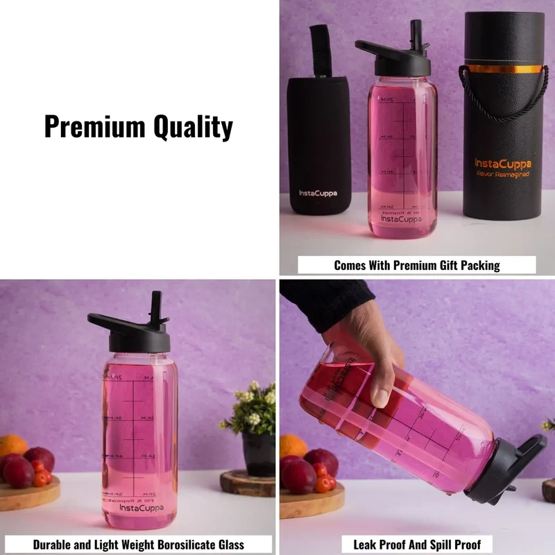 InstaCuppa Borosilicate Glass Water Bottle with Straw Sipper Lid, Innovative Time Markings, Neoprene Sleeve for Protection