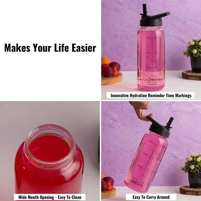 InstaCuppa Borosilicate Glass Water Bottle with Straw Sipper Lid, Innovative Time Markings, Neoprene Sleeve for Protection