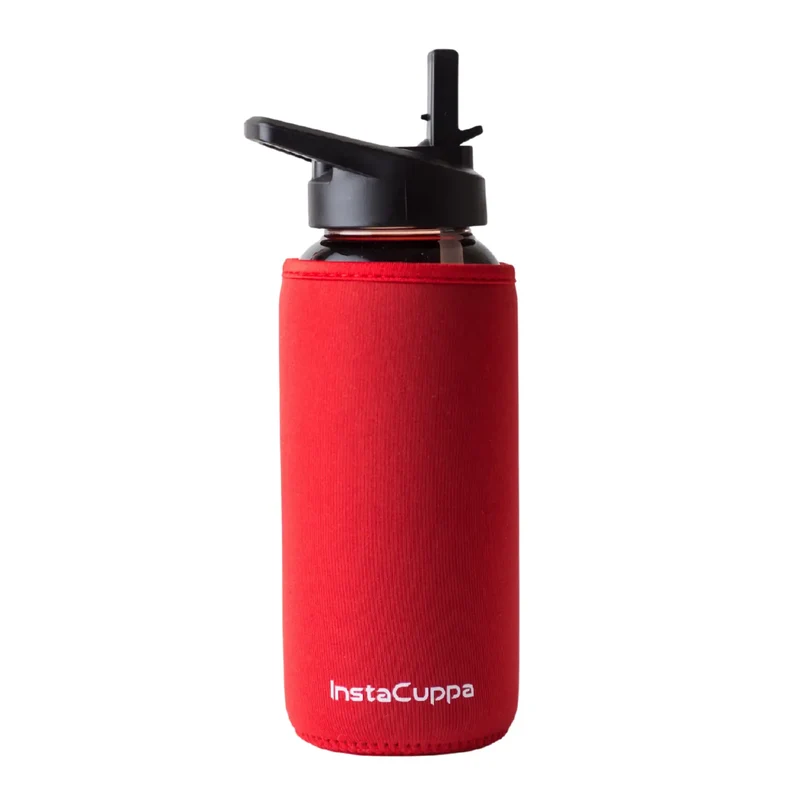 InstaCuppa Borosilicate Glass Water Bottle with Straw Sipper Lid, Innovative Time Markings, Neoprene Sleeve for Protection