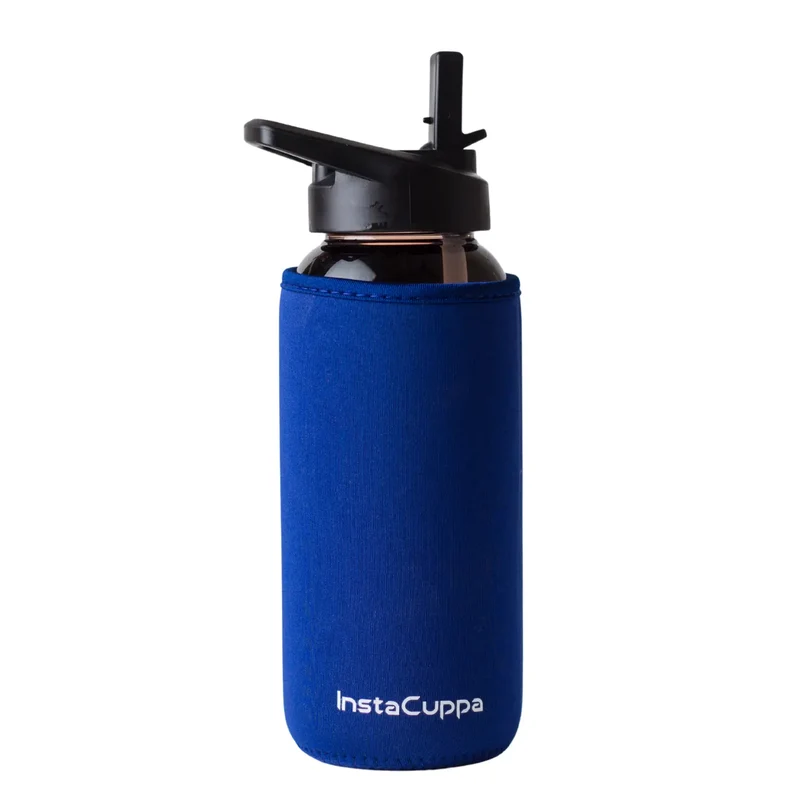 InstaCuppa Borosilicate Glass Water Bottle with Straw Sipper Lid, Innovative Time Markings, Neoprene Sleeve for Protection