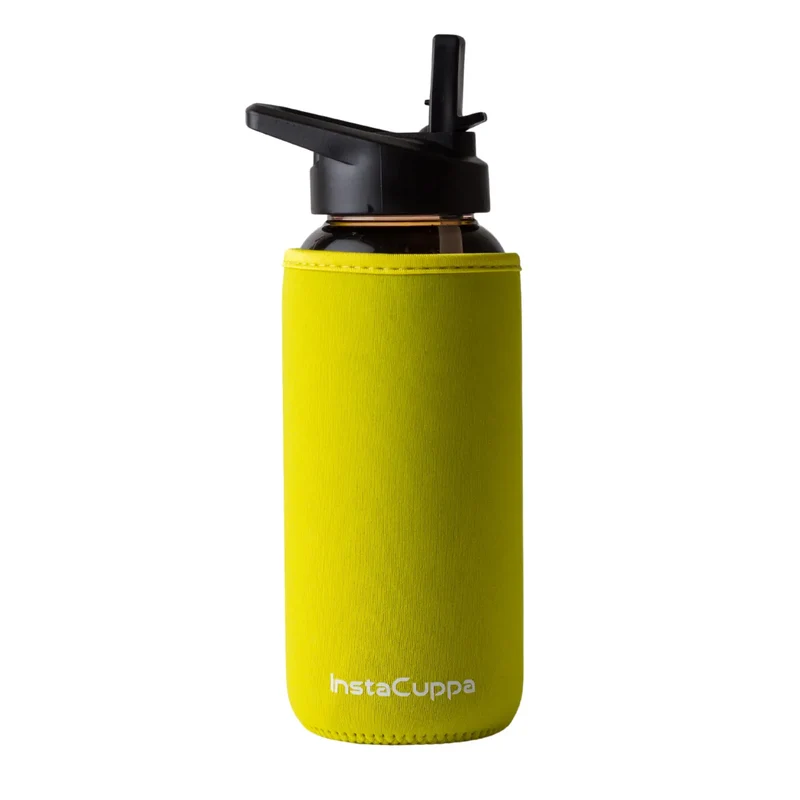 InstaCuppa Borosilicate Glass Water Bottle with Straw Sipper Lid, Innovative Time Markings, Neoprene Sleeve for Protection