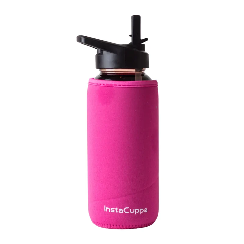 InstaCuppa Borosilicate Glass Water Bottle with Straw Sipper Lid, Innovative Time Markings, Neoprene Sleeve for Protection