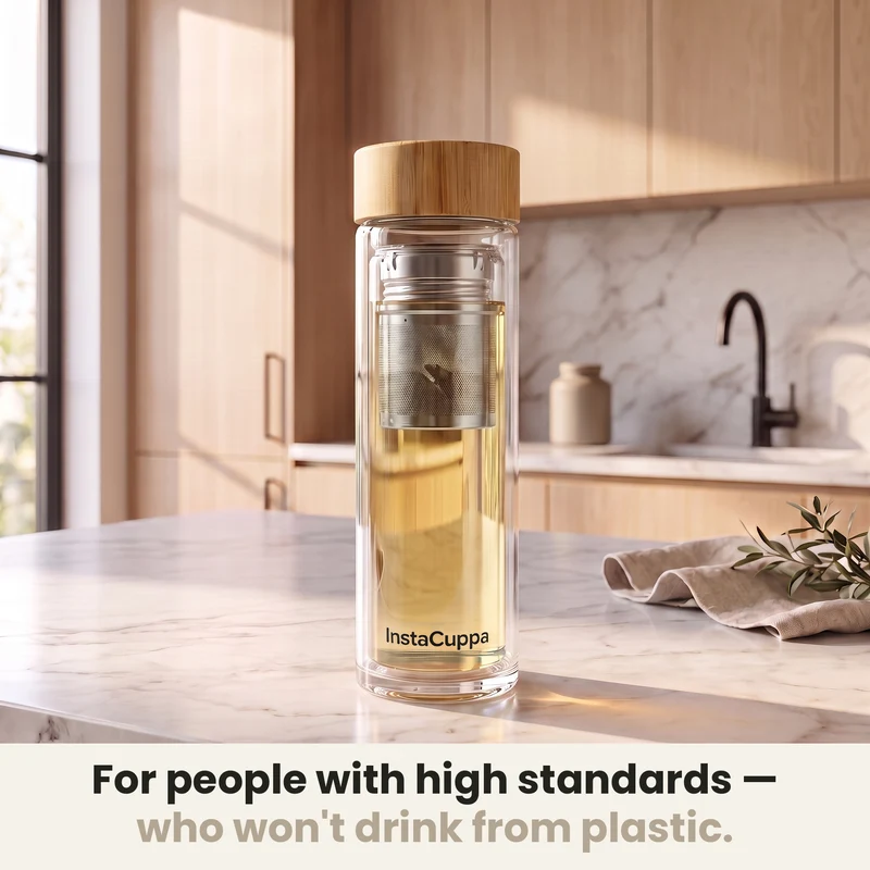 InstaCuppa Glass Tea Infuser Bottle 450 ML – Double Wall Borosilicate, Removable Steel Strainer, Bamboo Lid & Sleeve