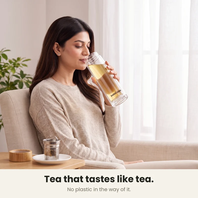 InstaCuppa Glass Tea Infuser Bottle 450 ML – Double Wall Borosilicate, Removable Steel Strainer, Bamboo Lid & Sleeve
