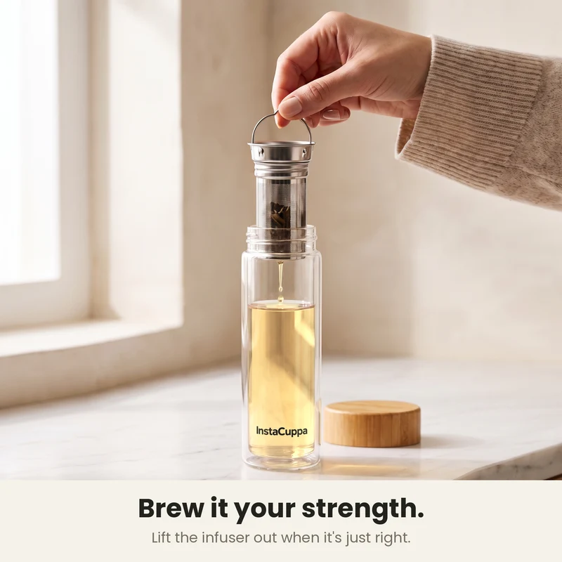 InstaCuppa Glass Tea Infuser Bottle 450 ML – Double Wall Borosilicate, Removable Steel Strainer, Bamboo Lid & Sleeve