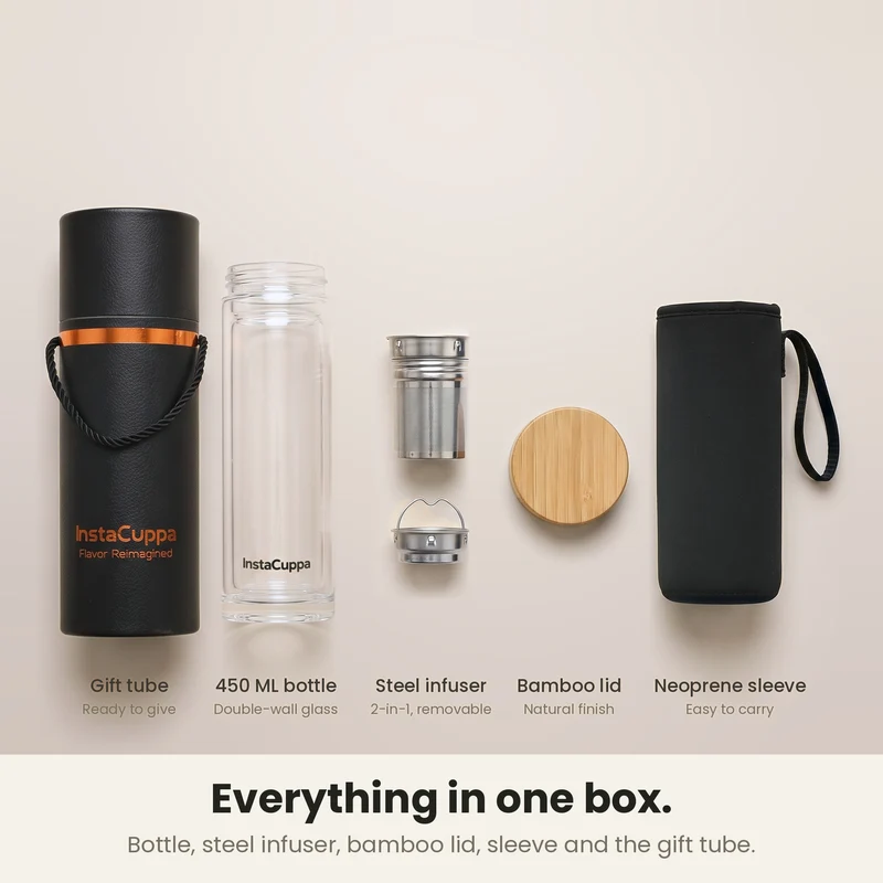 InstaCuppa Glass Tea Infuser Bottle 450 ML – Double Wall Borosilicate, Removable Steel Strainer, Bamboo Lid & Sleeve
