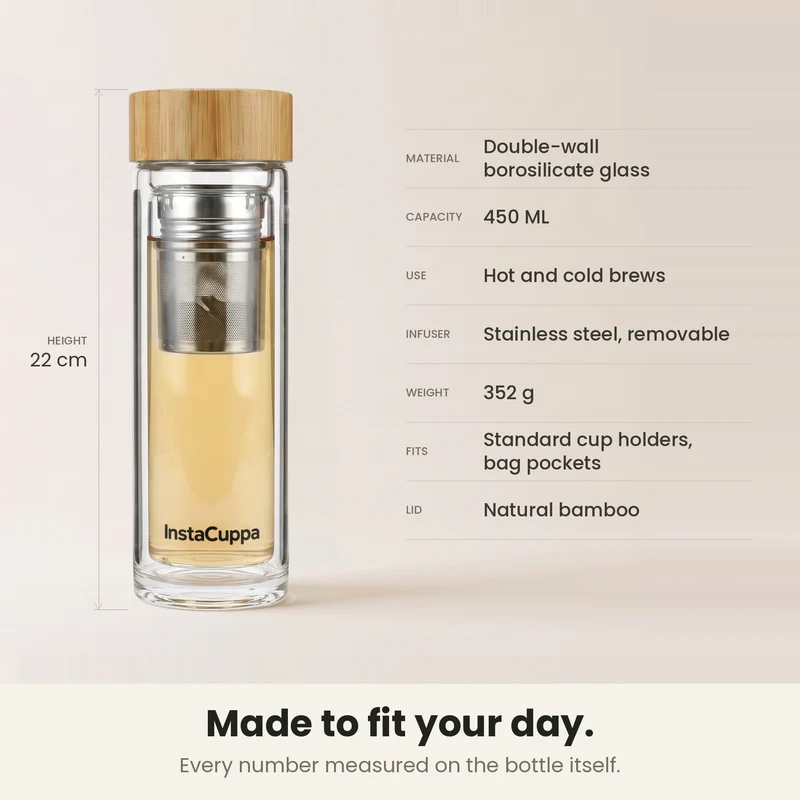 InstaCuppa Glass Tea Infuser Bottle 450 ML – Double Wall Borosilicate, Removable Steel Strainer, Bamboo Lid & Sleeve