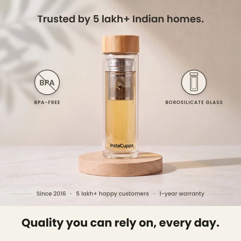InstaCuppa Glass Tea Infuser Bottle 450 ML – Double Wall Borosilicate, Removable Steel Strainer, Bamboo Lid & Sleeve