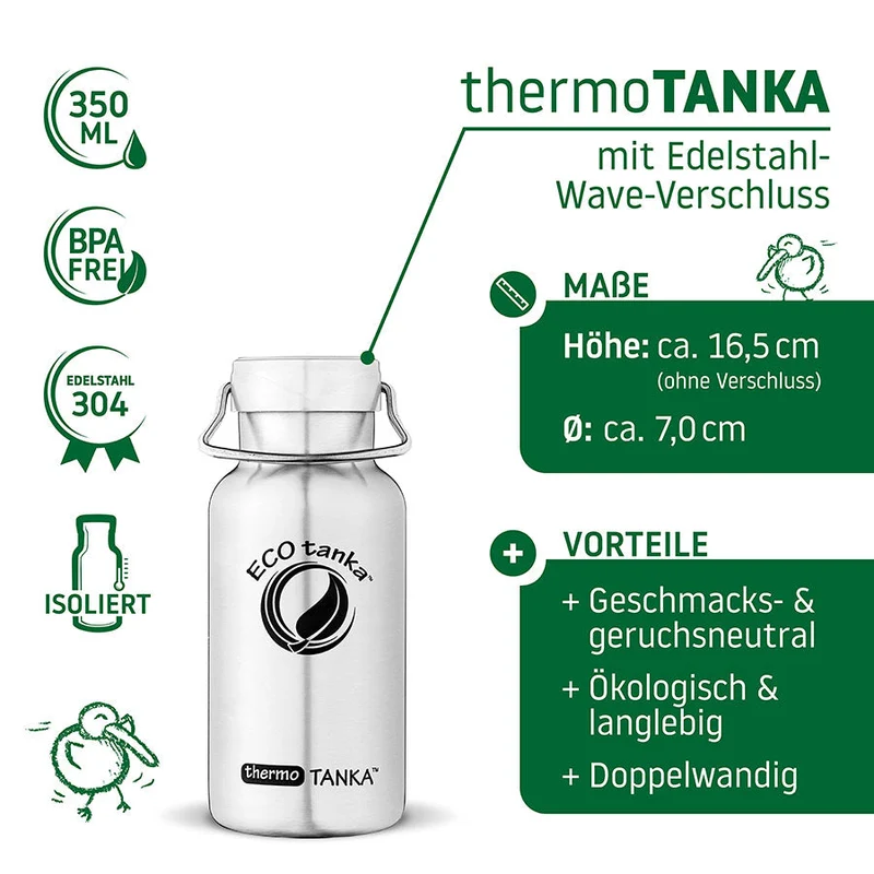 0,35l thermoTANKA™ isolierende Edelstahl Thermoflasche mit Edelstahl-Wave-Verschluss