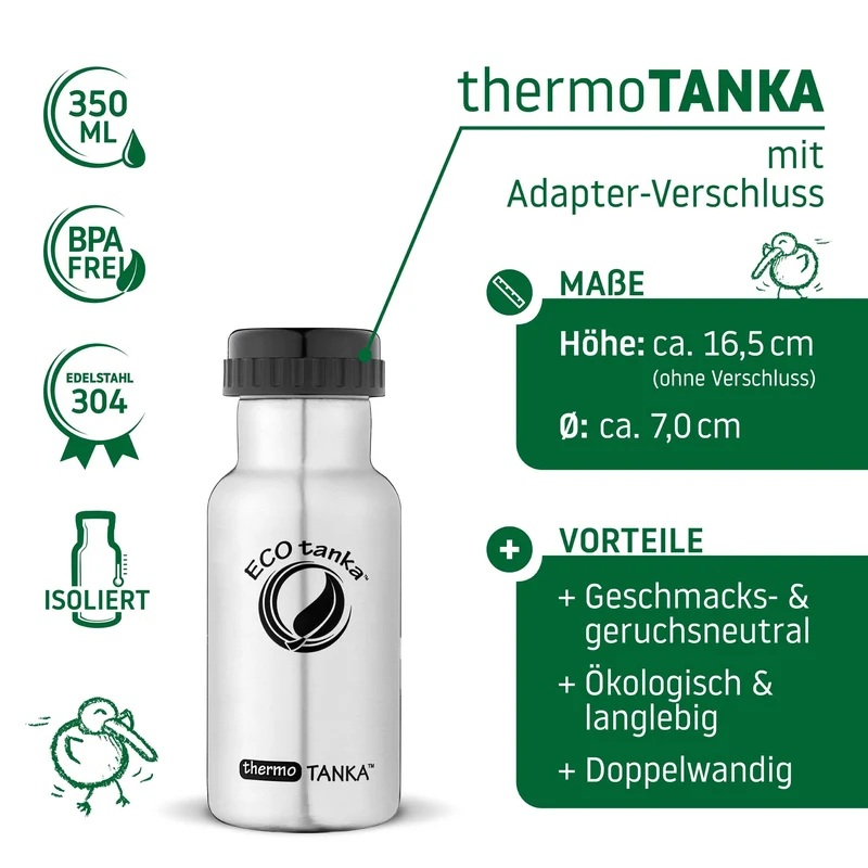 0,35l thermoTANKA™ isolierende Edelstahl Thermoflasche mit Adapter-Verschluss