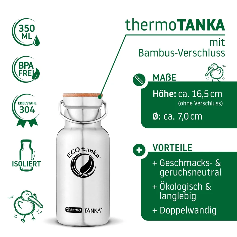0,35l thermoTANKA™ isolierende Edelstahl Thermoflasche mit Edelstahl-Bambus-Verschluss