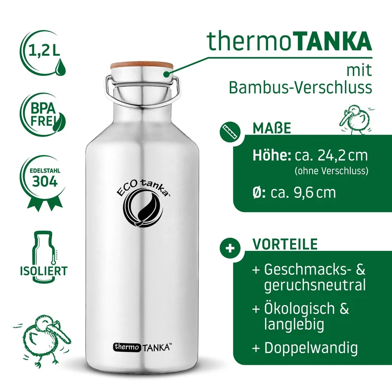 1,2l thermoTANKA™ isolierende Edelstahl Thermoflasche mit Edelstahl-Bambus-Verschluss