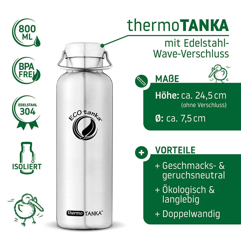 0,8l thermoTANKA™ isolierende Edelstahl Thermoflasche mit Edelstahl-Wave-Verschluss