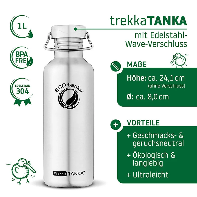 1,0l trekkaTANKA™ Edelstahl Trinkflasche mit Edelstahl-Wave-Verschluss