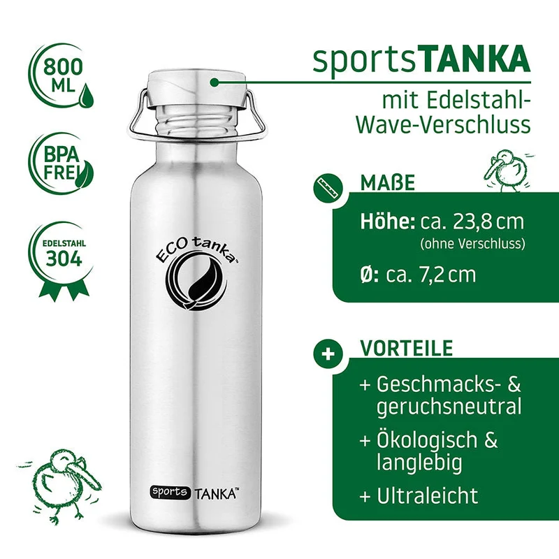 0,8l sportsTANKA™ Edelstahl Trinkflasche mit Edelstahl-Wave-Verschluss