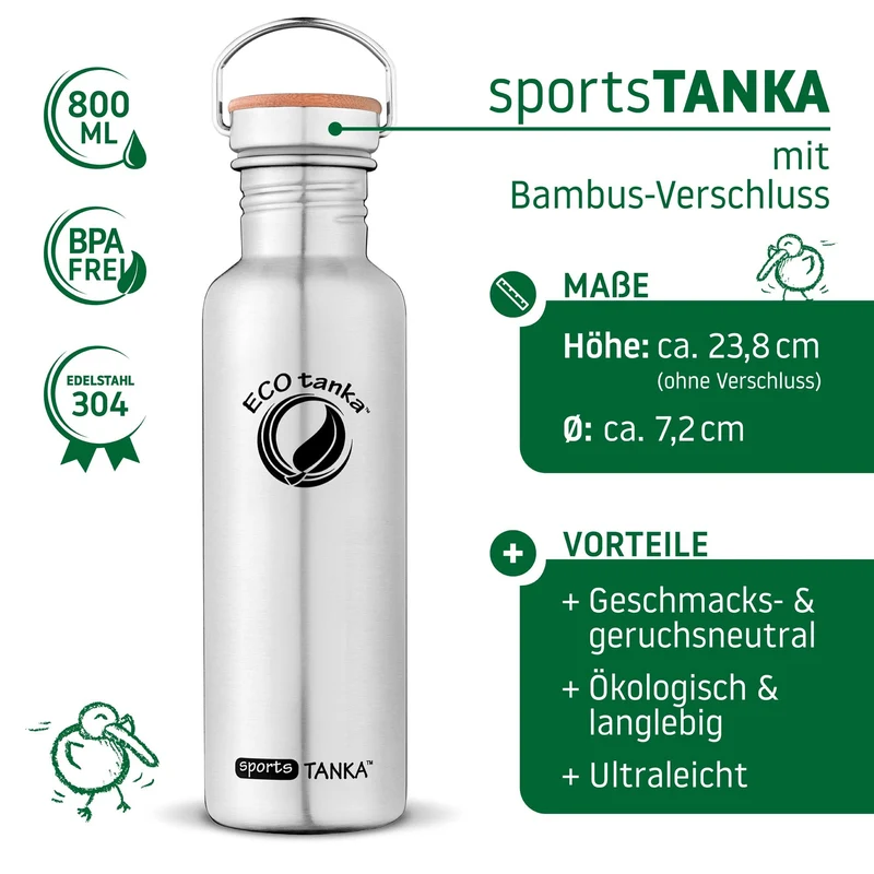 0,8l sportsTANKA™ Edelstahl Trinkflasche mit Edelstahl-Bambus-Verschluss