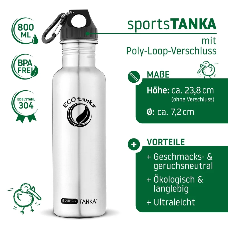 0,8l sportsTANKA™ Edelstahl Trinkflasche mit Poly-Loop-Verschluss