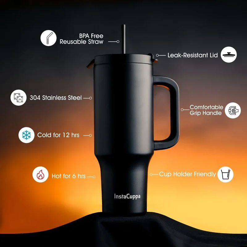 InstaCuppa 1200 mL Insulated Tumbler with Lid, BPA Reusable Straw and Handle - Stainless Steel, Keeps Beverages Hot and Cold, Fits Cup