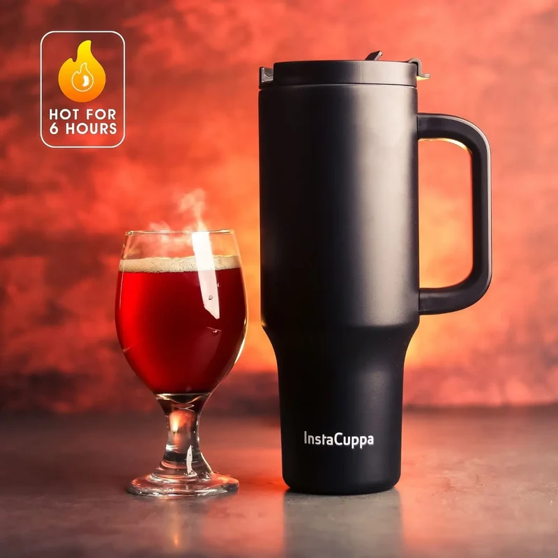 InstaCuppa 1200 mL Insulated Tumbler with Lid, BPA Reusable Straw and Handle - Stainless Steel, Keeps Beverages Hot and Cold, Fits Cup