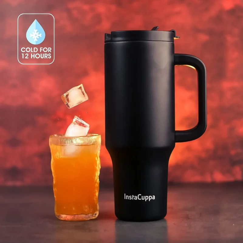 InstaCuppa 1200 mL Insulated Tumbler with Lid, BPA Reusable Straw and Handle - Stainless Steel, Keeps Beverages Hot and Cold, Fits Cup