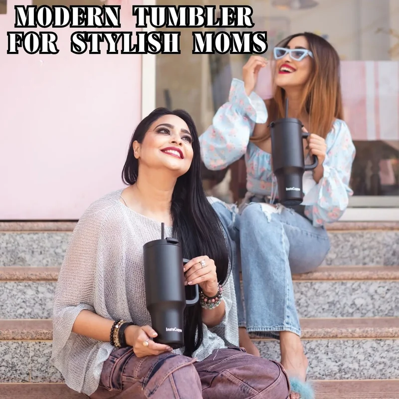 InstaCuppa 1200 mL Insulated Tumbler with Lid, BPA Reusable Straw and Handle - Stainless Steel, Keeps Beverages Hot and Cold, Fits Cup