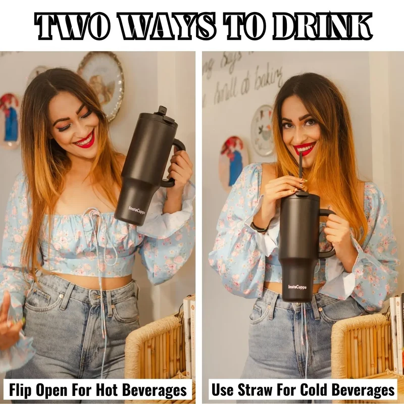 InstaCuppa 1200 mL Insulated Tumbler with Lid, BPA Reusable Straw and Handle - Stainless Steel, Keeps Beverages Hot and Cold, Fits Cup