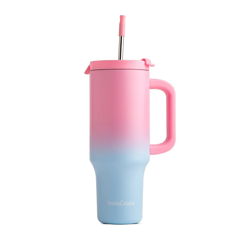 InstaCuppa 1200 mL Insulated Tumbler with Lid, BPA Reusable Straw and Handle - Stainless Steel, Keeps Beverages Hot and Cold, Fits Cup