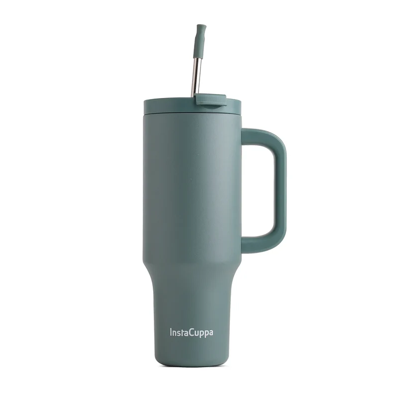 InstaCuppa 1200 mL Insulated Tumbler with Lid, BPA Reusable Straw and Handle - Stainless Steel, Keeps Beverages Hot and Cold, Fits Cup
