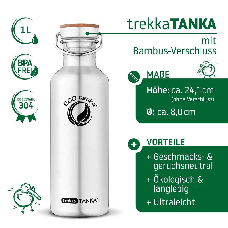1,0l trekkaTANKA™ Edelstahl Trinkflasche mit Edelstahl-Bambus-Verschluss