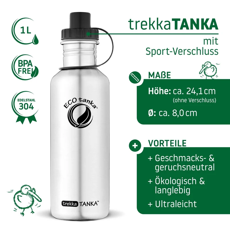 1,0l trekkaTANKA™ Edelstahl Trinkflasche mit Sport-Verschluss