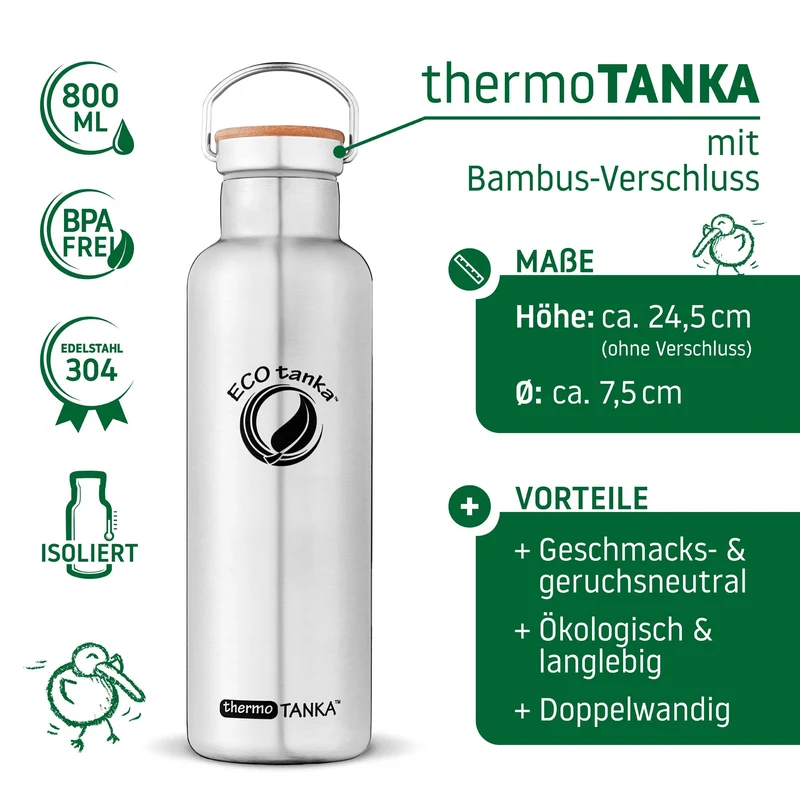 0,8l thermoTANKA™ isolierende Edelstahl Thermoflasche mit Edelstahl-Bambus-Verschluss