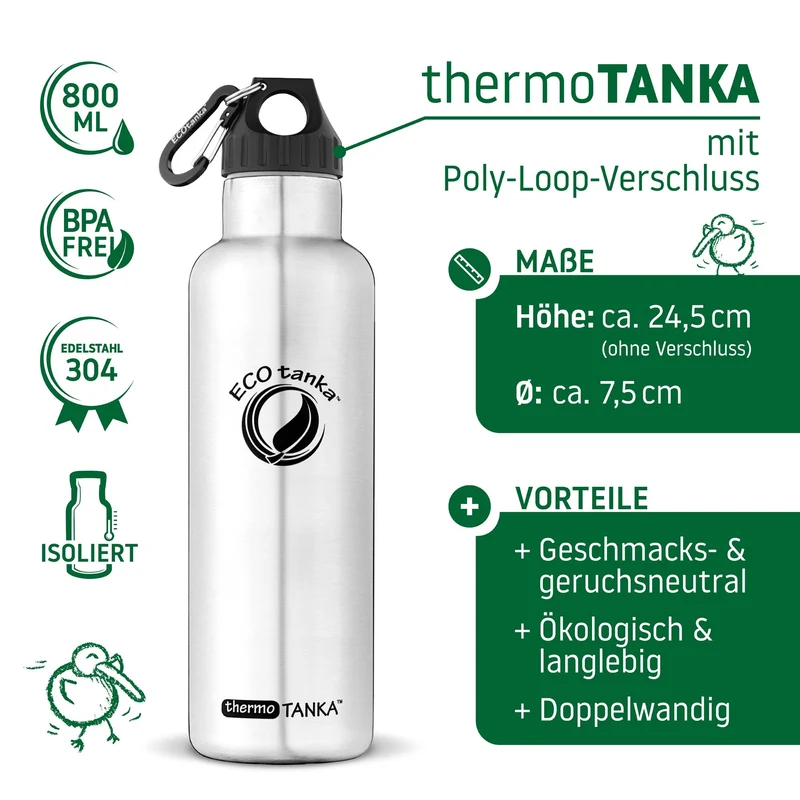 0,8l thermoTANKA™ isolierende Edelstahl Thermoflasche mit Poly-Loop-Verschluss