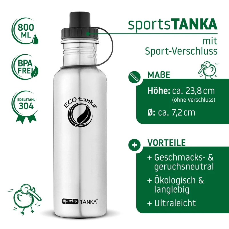 0,8l sportsTANKA™ Edelstahl Trinkflasche mit Sport-Verschluss