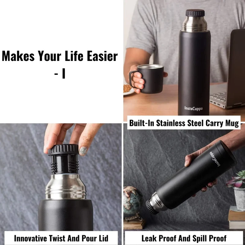 InstaCuppa Thermos Flask Bottle with Built-In Stainless Steel Mug, Twist Pour Screw Lid, Double Walled Vacuum Insulation