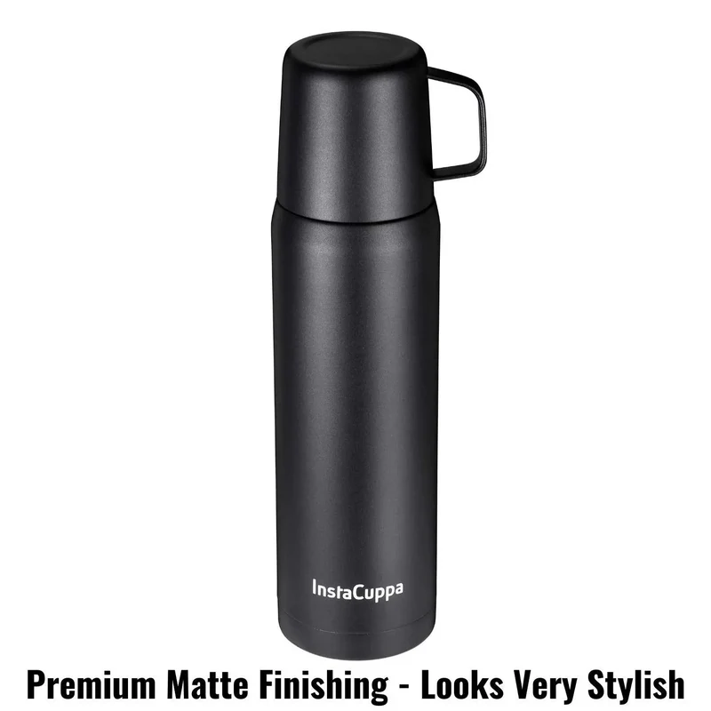 InstaCuppa Thermos Flask Bottle with Built-In Stainless Steel Mug, Twist Pour Screw Lid, Double Walled Vacuum Insulation