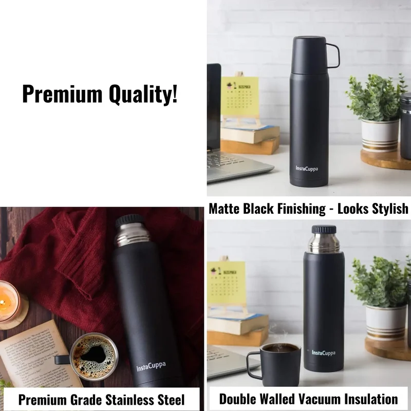 InstaCuppa Thermos Flask Bottle with Built-In Stainless Steel Mug, Twist Pour Screw Lid, Double Walled Vacuum Insulation