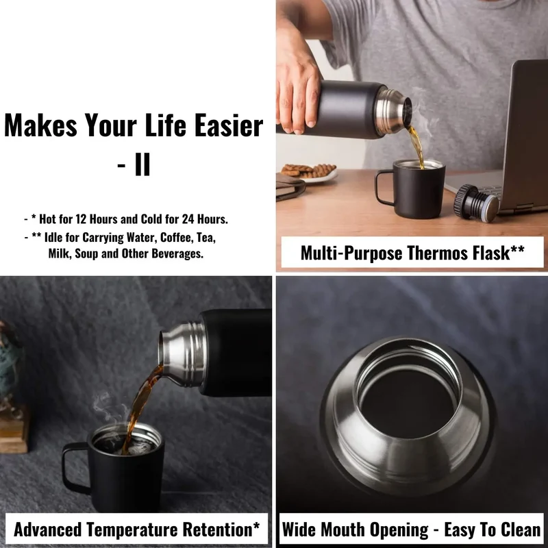InstaCuppa Thermos Flask Bottle with Built-In Stainless Steel Mug, Twist Pour Screw Lid, Double Walled Vacuum Insulation