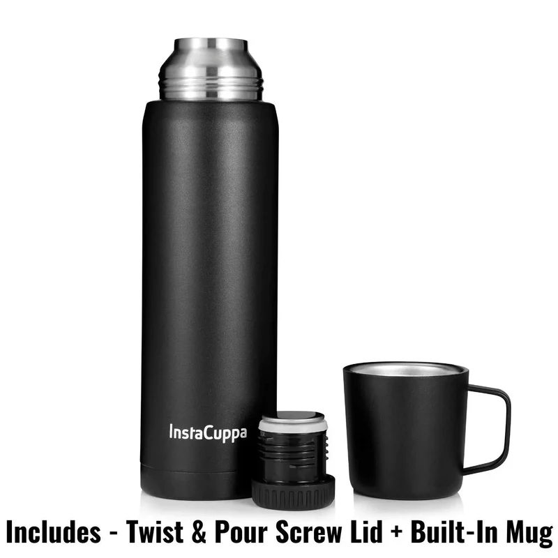 InstaCuppa Thermos Flask Bottle with Built-In Stainless Steel Mug, Twist Pour Screw Lid, Double Walled Vacuum Insulation