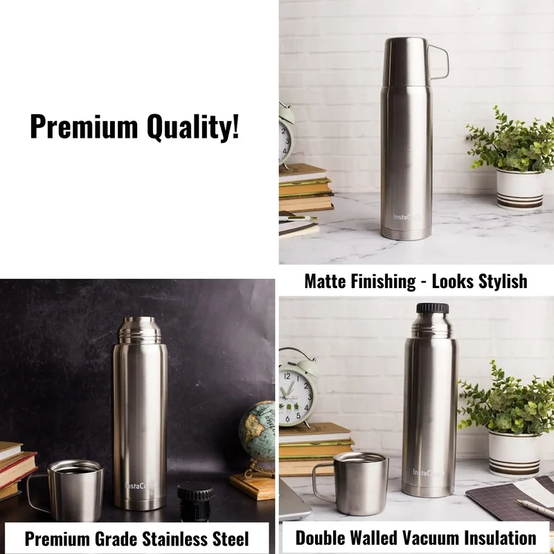 InstaCuppa Thermos Flask Bottle with Built-In Stainless Steel Mug, Twist Pour Screw Lid, Double Walled Vacuum Insulation