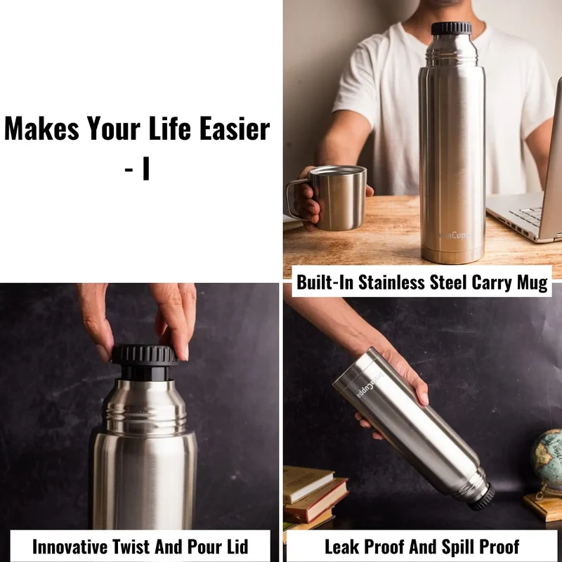 InstaCuppa Thermos Flask Bottle with Built-In Stainless Steel Mug, Twist Pour Screw Lid, Double Walled Vacuum Insulation