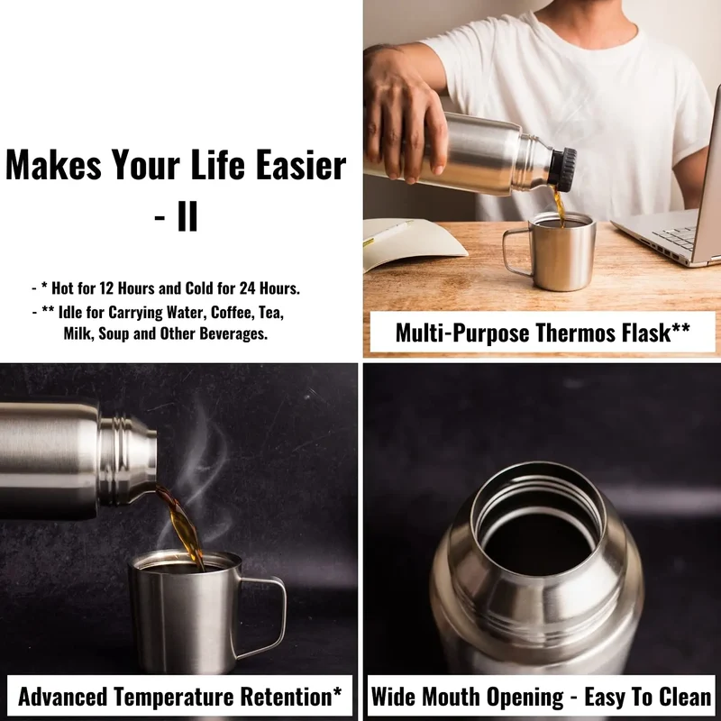 InstaCuppa Thermos Flask Bottle with Built-In Stainless Steel Mug, Twist Pour Screw Lid, Double Walled Vacuum Insulation