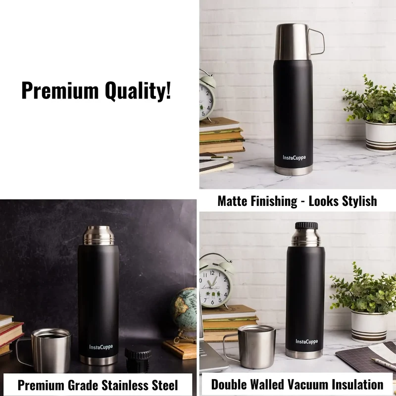 InstaCuppa Thermos Flask Bottle with Built-In Stainless Steel Mug, Twist Pour Screw Lid, Double Walled Vacuum Insulation