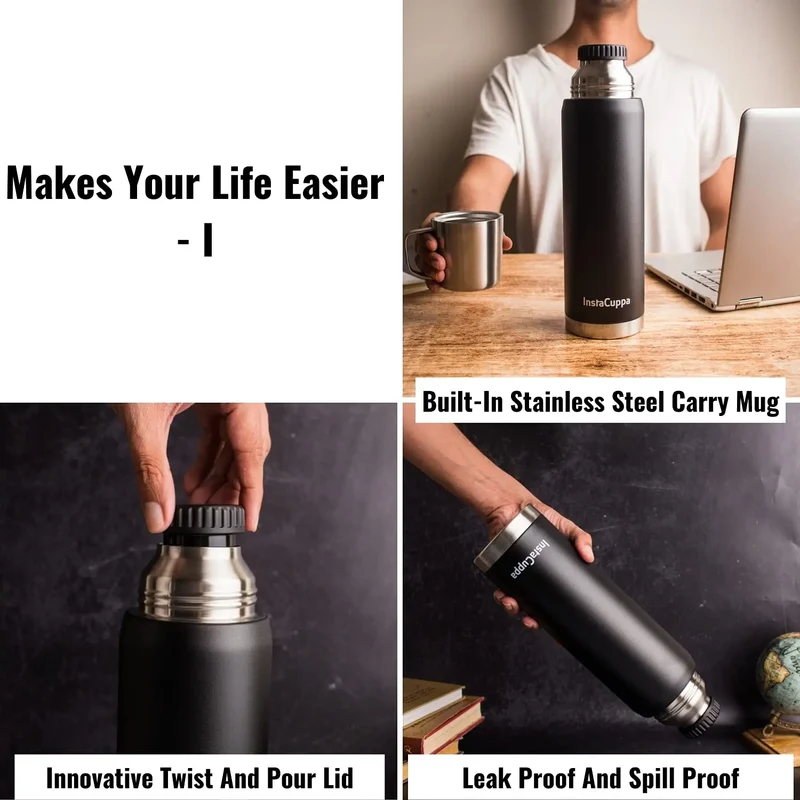 InstaCuppa Thermos Flask Bottle with Built-In Stainless Steel Mug, Twist Pour Screw Lid, Double Walled Vacuum Insulation