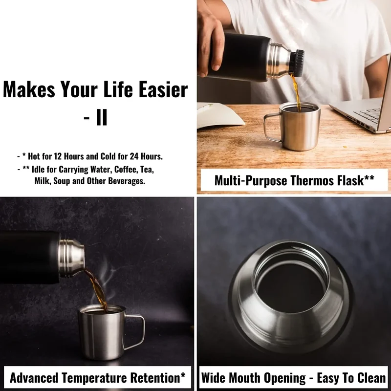 InstaCuppa Thermos Flask Bottle with Built-In Stainless Steel Mug, Twist Pour Screw Lid, Double Walled Vacuum Insulation