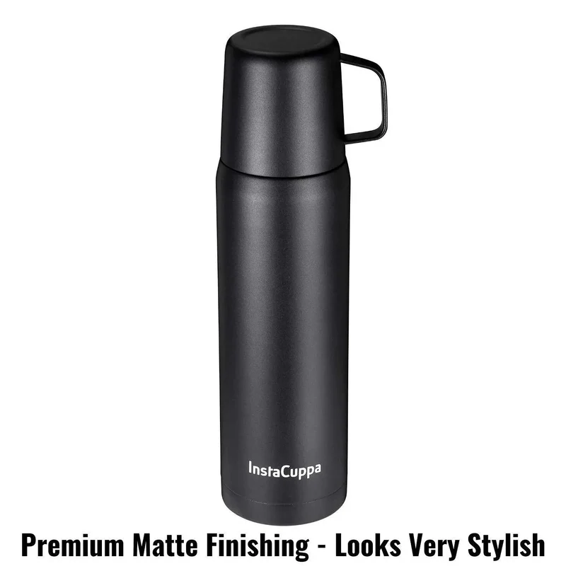InstaCuppa Thermos Flask Bottle with Built-In Stainless Steel Mug, Twist Pour Screw Lid, Double Walled Vacuum Insulation