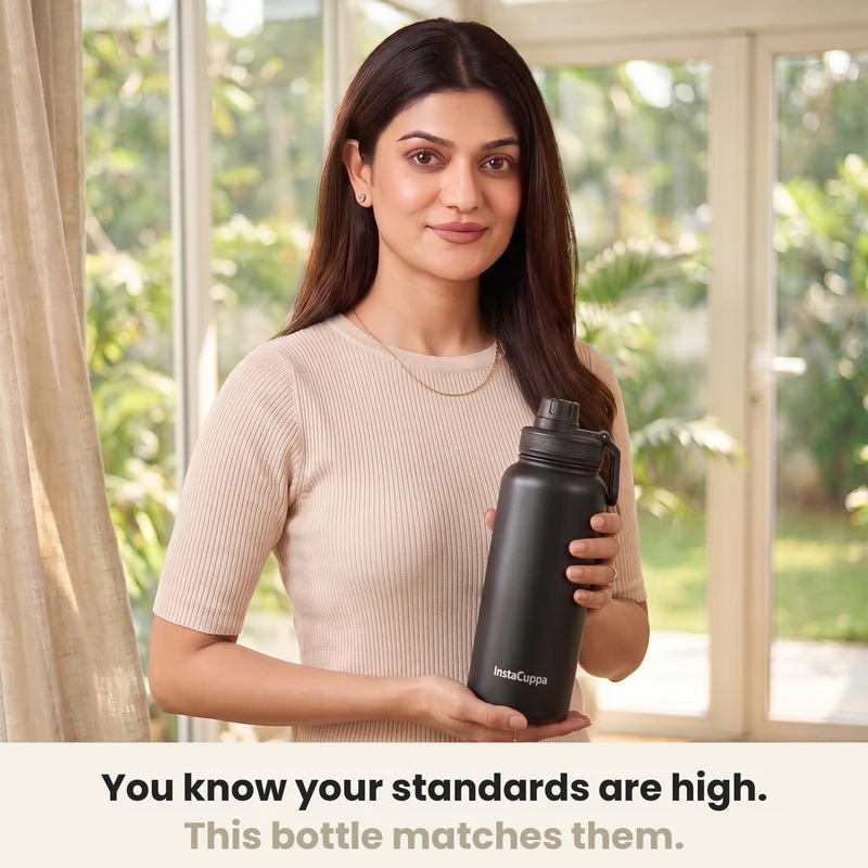 InstaCuppa Insulated Water Bottle 1L — Stainless Steel Thermos Flask, Double-Wall Vacuum, Sports Sipper Lid
