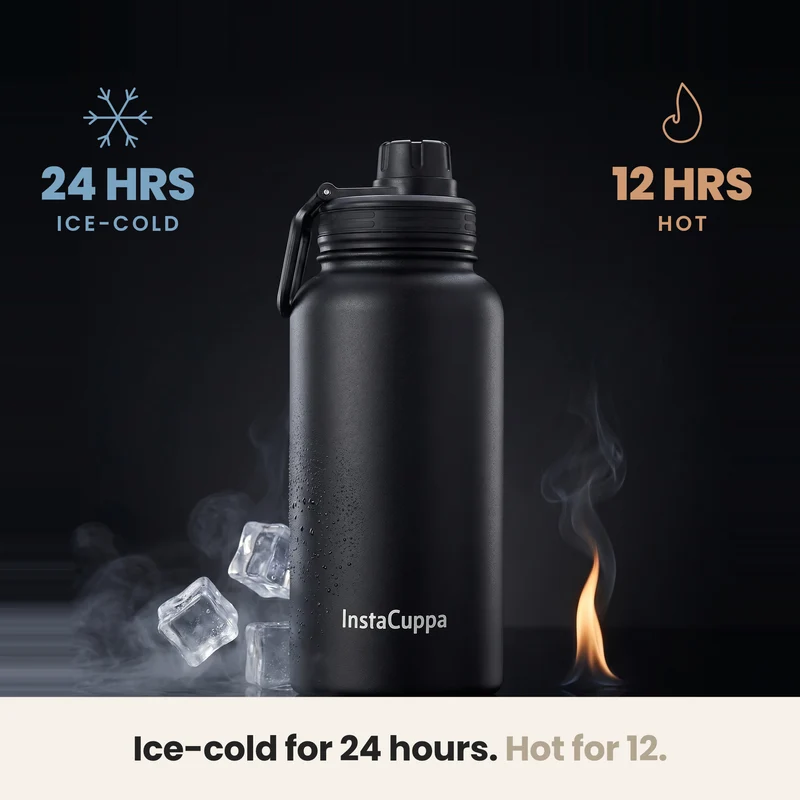 InstaCuppa Insulated Water Bottle 1L — Stainless Steel Thermos Flask, Double-Wall Vacuum, Sports Sipper Lid