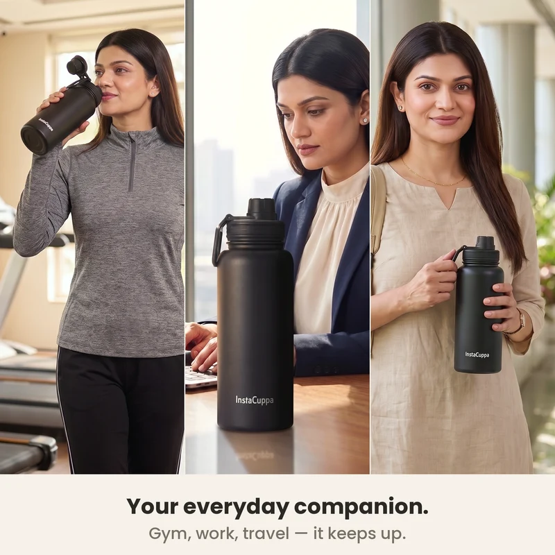InstaCuppa Insulated Water Bottle 1L — Stainless Steel Thermos Flask, Double-Wall Vacuum, Sports Sipper Lid