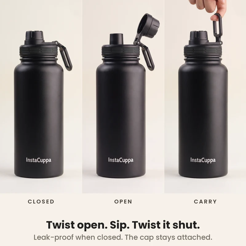 InstaCuppa Insulated Water Bottle 1L — Stainless Steel Thermos Flask, Double-Wall Vacuum, Sports Sipper Lid