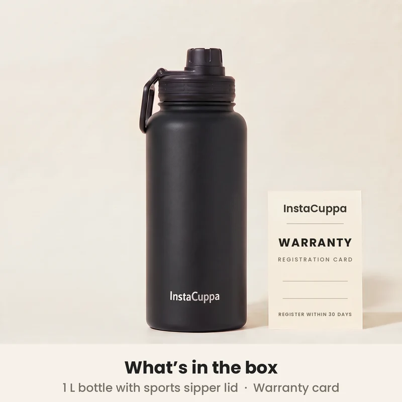 InstaCuppa Insulated Water Bottle 1L — Stainless Steel Thermos Flask, Double-Wall Vacuum, Sports Sipper Lid
